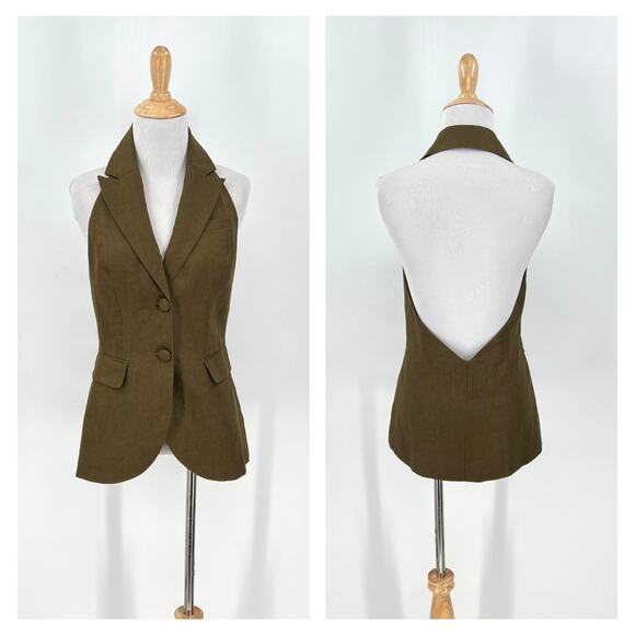 REFORMATION Brennan Linen Vest Top Womens 6 Olive Green Sleeveless Halter NEW - Picture 4 of 16